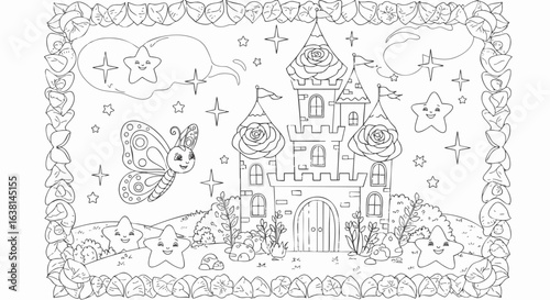 Whimsical coloring book page featuring a fantasy castle, cute butterfly, and happy stars. Children's activity vector illustration with a decorative frame.