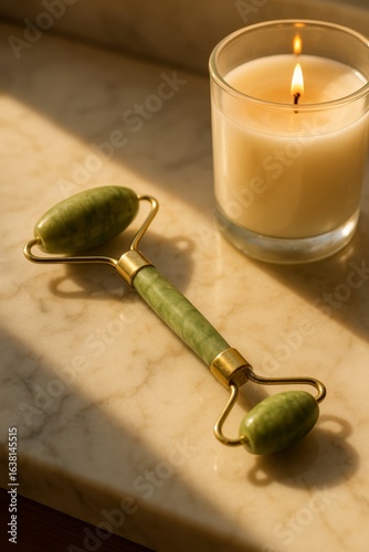 Jade facial roller and lit candle on marble—calm spa vibes for wellness, skincare, and self-care lifestyle.

