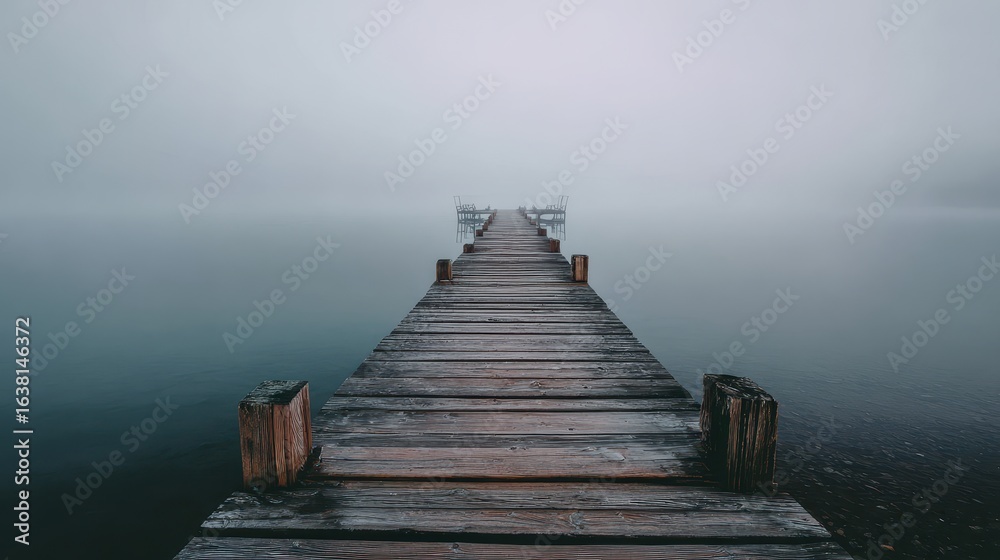 Fototapeta premium Wooden pier extending into misty lake, creating a tranquil background for meditation