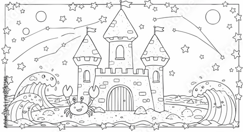 A magical beach scene with a sandcastle fortress, a cute crab, and anthropomorphic waves under a starry night. Vector line art for coloring.
