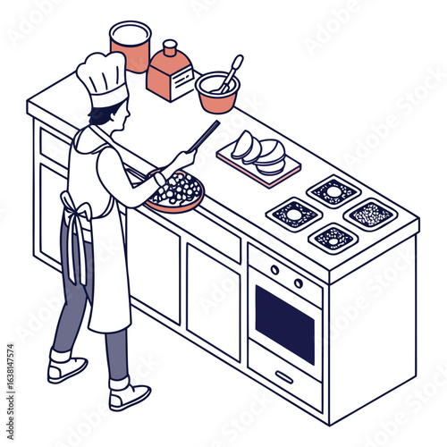 Chef cooking vector illustration in minimalist line-art style

