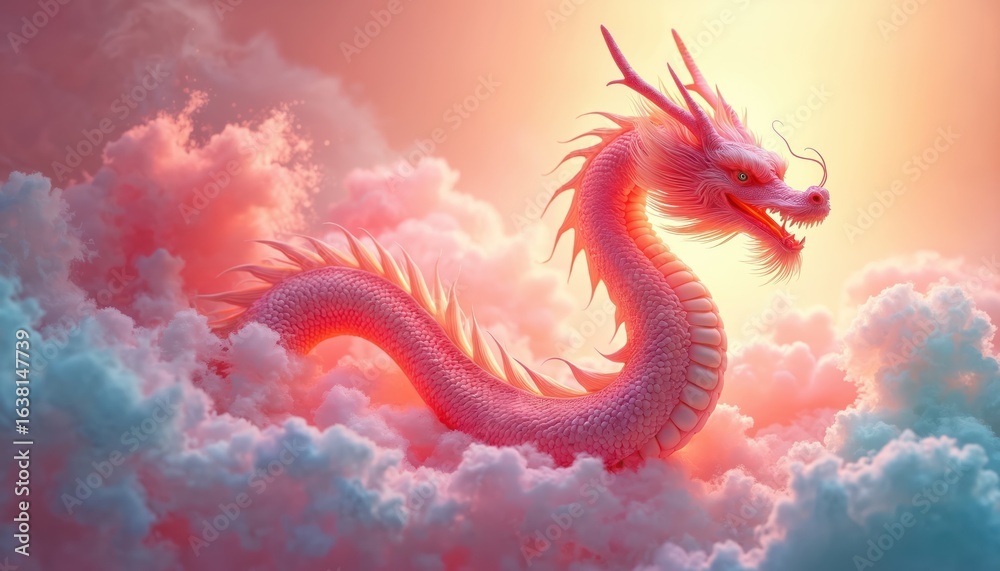 Obraz premium Swirling pastel pink, blue dragon silhouette in soft clouds. Evokes fantasy, myth, spiritual themes with fluid, dynamic motion. Ethereal illustration captures dreamlike, surreal quality, perfect for