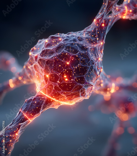 Highly detailed 3D rendering of a glowing neuron cell with intricate membrane structure and synaptic connections, illuminated with vibrant orange and yellow light
