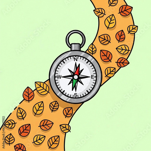 A whimsical illustration featuring a compass superimposed on a path strewn with autumn leaves beckons toward exploration and discovery in a season of change