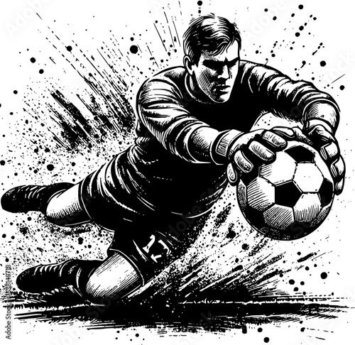 Vintage black and white ink illustration of a goalkeeper saving a ball with raw energy and passion