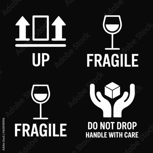 Black and White Packaging Symbols Handle with Care, Do Not Drop, Fragile, and This Side Up