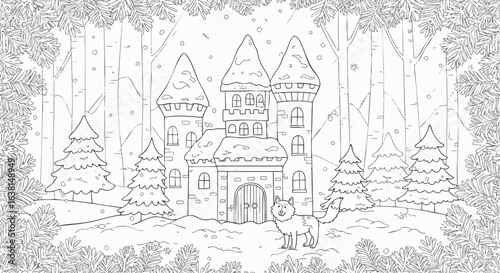 Whimsical fairytale castle with a wolf in a snowy winter forest. Black and white line art coloring page illustration.