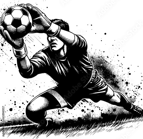 Vintage black and white ink illustration of a goalkeeper saving a ball with raw energy and passion