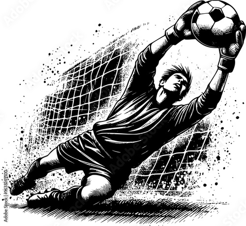Vintage black and white ink illustration of a goalkeeper saving a ball with raw energy and passion