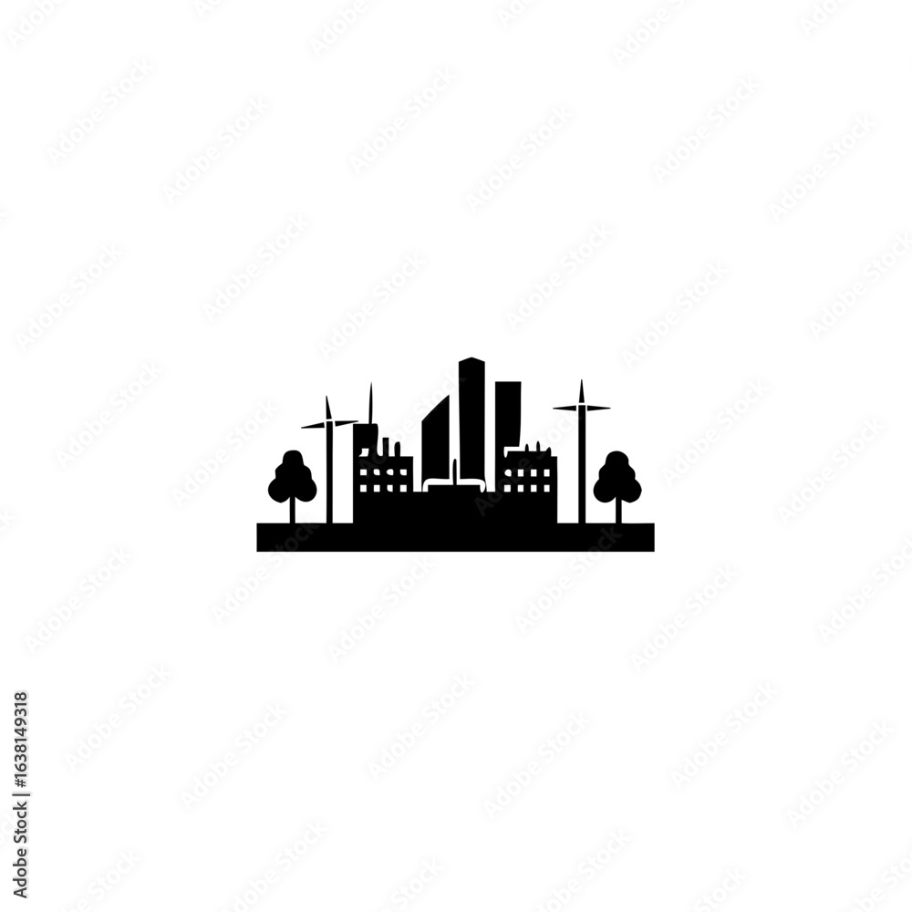 Fototapeta premium Vector art of eco city skyline silhouette with wind turbines and trees isolated on white background
