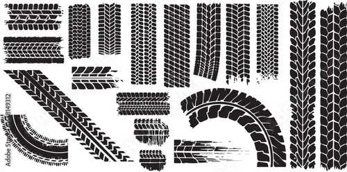 Tire tread marks, isolated wheel texture, tire marks - drift, rally, races, off-road, motocross. Vector isolated texture with grunge effect, splashes. Black monochrome tread prints. Vector graphic set