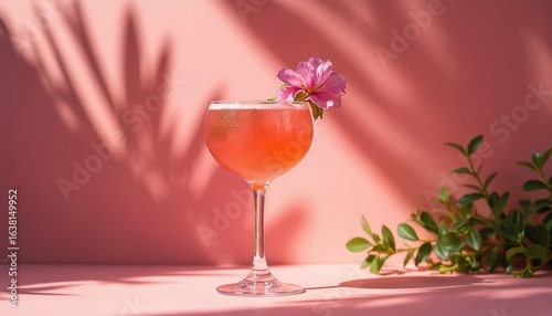 Wallpaper Mural Sparkling pink cocktail garnished with fresh flower. Elegant glass on pink background with palm leaf shadows. Refreshing summer beverage for parties, celebrations, tropical vibes. Torontodigital.ca