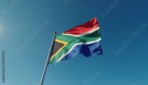 South African flag flutters against a clear blue sky on a sunny day, symbolizing pride and oneness. The national emblem, with its vibrant colours and recognizable design, waves gently in the breeze.