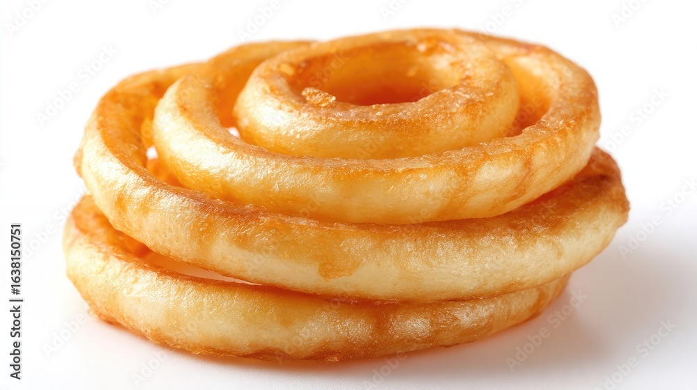 Fototapeta premium Stack of golden onion rings arranged in a spiral on clean white