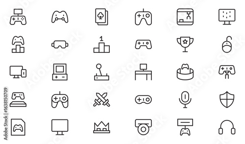 Gaming line icon set. Editable Stroke Icon Collection. Includes phone gaming, playstation, shop gaming, steer, store, and More. Outline icons vector collection.