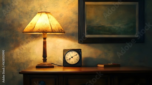 Painting of a warmly lit interior scene with a table, clock, and landscape artwork.