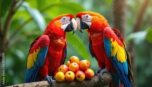 Fototapeta samoprzylepna Two vibrant African parrots with red, yellow, blue plumage sit on branch, sharing fruits in green jungle. Bright colors stand out against dense foliage, creating stunning scene of wildlife in harmony.