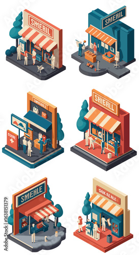 Isometric illustrations of diverse small businesses, showcasing various retail environments and customer interactions.