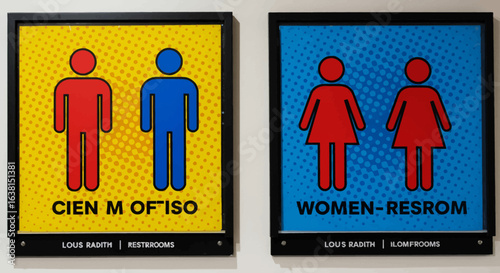 Two framed restroom signs with stylized male and female figures, bold colors, and pop-art design.