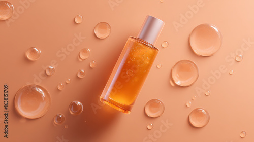 Orange skincare serum bottle with water drops on peach background, fresh and clean