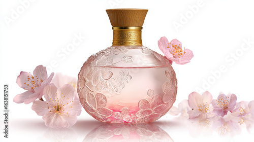 Delicate round glass bottle with floral patterns and pink liquid surrounded by cherry blossoms