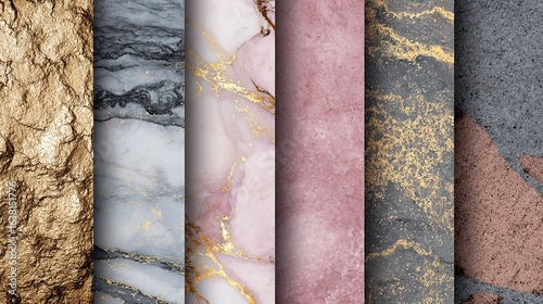 Abstract marble and stone textures in various colors with gold accents