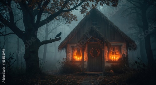 A mysterious cottage with a thatched roof and glowing candles in a dark, foggy forest. A raven perches on a gnarled tree, creating a spooky Halloween atmosphere.