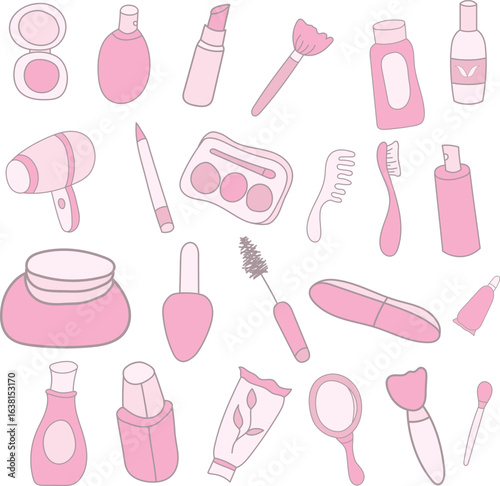 Beauty and Makeup Icon Set in Pastel Pink. Collection of Cute Cosmetic and Skincare Tools in Minimalist Style