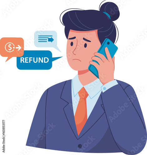 Concerned professional in a blue suit with a sad expression talking on the phone about a refund.