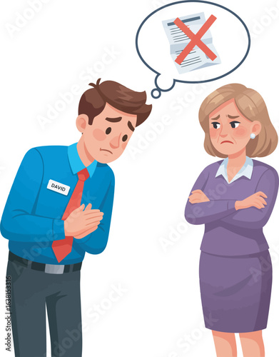 Sad employee David apologizing for a rejected document to his stern disappointed female boss.