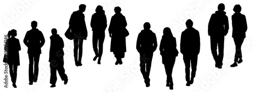 Set of walking business people, silhouettes of men and women with bags, front view, street outerwear, vector, profile, black, isolated on white background