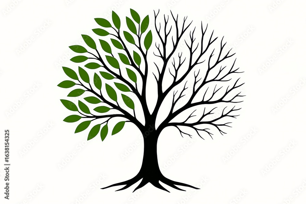 Fototapeta premium Dual-season tree illustration with green leaves and bare branches, symbolizing change, balance, sustainability, and renewal.
