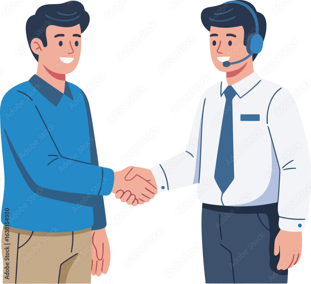 Fototapeta premium A friendly customer service agent with a headset shaking hands with a smiling male client.