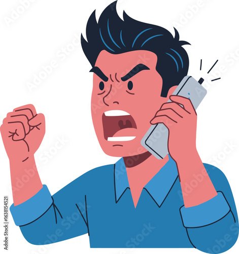Enraged man with spiky dark hair and a red face shouting into a smartphone clenching his fist.