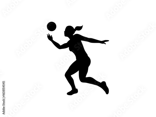  Female Netball Player in Mid-Air Catch and Silhouetted Female Volleyball Player in Action
