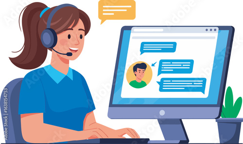 Smiling female customer service agent with a headset providing online chat support at her desk.