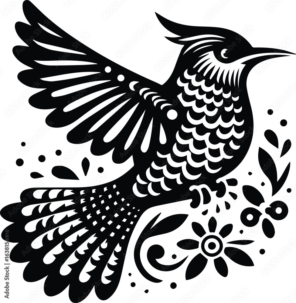 Obraz premium Stylized Black and White Bird with Floral Elements