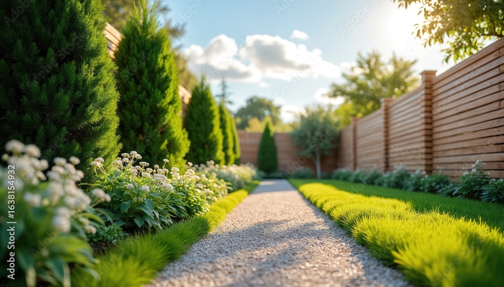 Fototapeta premium Sunlit garden path lined with manicured green grass, cypress trees, blooming white flowers. Modern wooden privacy fence borders serene landscape. Gravel walkway leads through peaceful, well-designed
