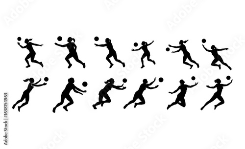 Wallpaper Mural A collection of black silhouettes of women playing volleyball, showcasing various action poses such as jumping, running, and reaching for the ball. Torontodigital.ca