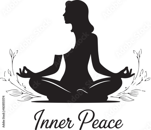 Drawn Vector Silhouette of Woman in Lotus Pose Meditating, Classic Retro Style
