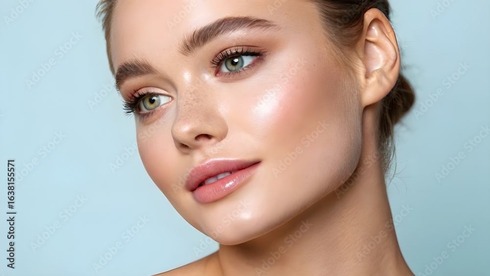 Fototapeta premium Close-up portrait of a young woman with flawless skin and subtle makeup, showcasing natural beauty.