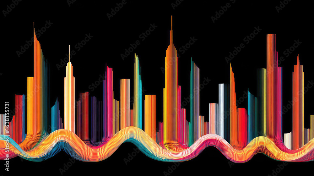 Obraz premium Colorful city skyline with vibrant wave lines on black background