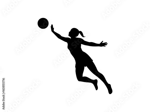  Female Netball Player in Mid-Air Catch and Silhouetted Female Volleyball Player in Action