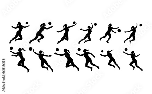 A collection of dynamic silhouettes of women playing volleyball.