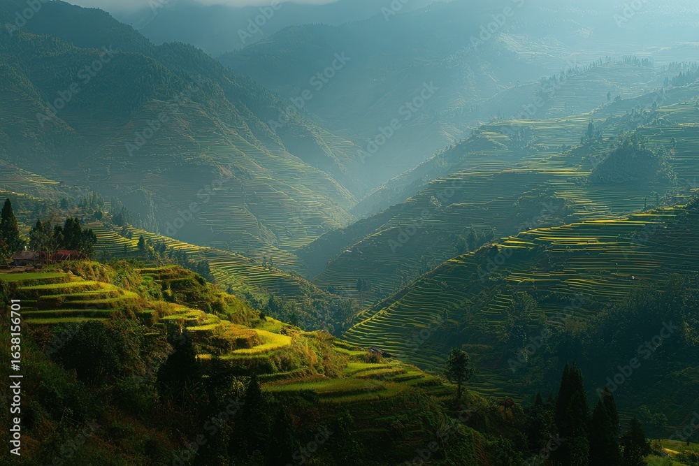 Fototapeta premium Sunlit terraced rice paddies in a misty mountain valley