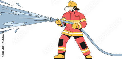A brave firefighter in full protective gear during an emergency response, aiming a high-pressure water hose. Vector illustration isolated on a white background.