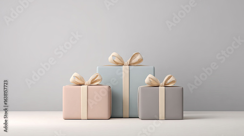 Minimalist pastel gift boxes with cream ribbons neutral background