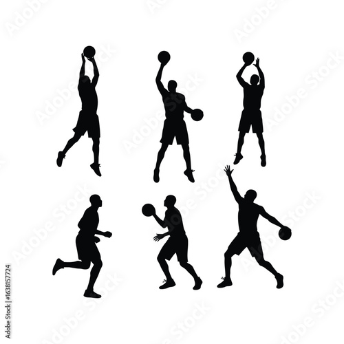 Basketball player silhouettes action poses sports graphics dynamic movement