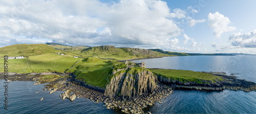 Aerial view of Duntulm Castle stands ruined on the north coast of Trotternish, on the Isle of Skye in Scotland, near the hamlet of Duntulm