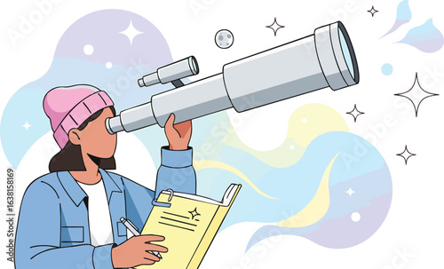 A curious astronomer gazes at the night sky through a telescope, charting celestial discoveries in a notebook.